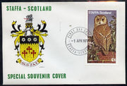 Staffa 1977 Tawny Owl imperf £1 souvenir sheet on Official unaddressed cover with first day cancel