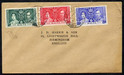 Malta 1937 KG6 Coronation set of 3 on cover with first day cancel addressed to the forger, J D Harris.,Harris was imprisoned for 9 months after Robson Lowe exposed him for applying forged first day cancels to Coronation covers (details supplied).