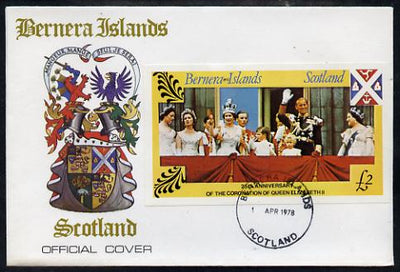 Bernera 1978 Coronation 25th Anniversary imperf deluxe sheet (£2 value) Royal Family on Balcony, on special cover with first day cancels