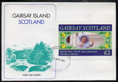Gairsay 1985 Life & Times of HM Queen Mother imperf deluxe sheet (£2 value) on special cover with first day cancels