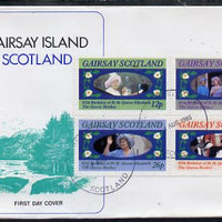 Gairsay 1980 Queen Mother's 80th Birthday perf sheetlet containing set of 4 values on special cover with first day cancels