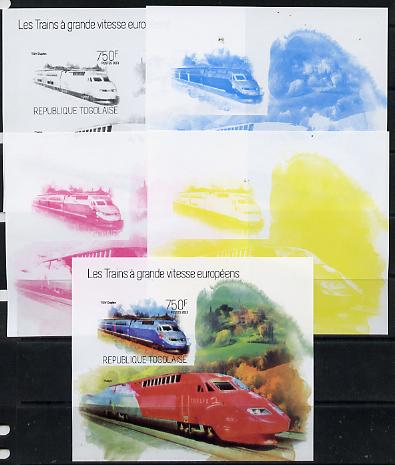 Togo 2013 European High Speed Trains - TGV Duplex s/sheet - the set of 5 imperf progressive proofs comprising the 4 individual colours plus all 4-colour composite, unmounted mint