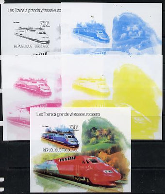 Togo 2013 European High Speed Trains - TGV Duplex s/sheet - the set of 5 imperf progressive proofs comprising the 4 individual colours plus all 4-colour composite, unmounted mint