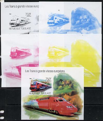Togo 2013 European High Speed Trains - Railjet s/sheet - the set of 5 imperf progressive proofs comprising the 4 individual colours plus all 4-colour composite, unmounted mint