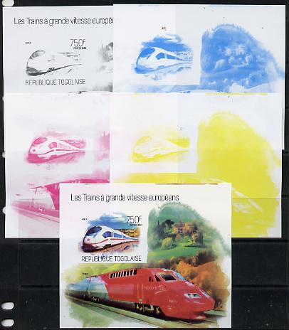 Togo 2013 European High Speed Trains - Ice 3 s/sheet - the set of 5 imperf progressive proofs comprising the 4 individual colours plus all 4-colour composite, unmounted mint