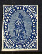 Paraguay 1870 2r light blue (Lion) imperf reprint on gummed paper mounted mint, as SG 3