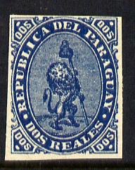 Paraguay 1870 2r light blue (Lion) imperf reprint on gummed paper mounted mint, as SG 3