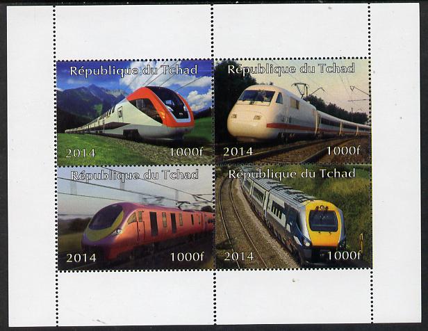 Chad 2014 High Speed Trains perf sheetlet containing 4 values unmounted mint. Note this item is privately produced and is offered purely on its thematic appeal.