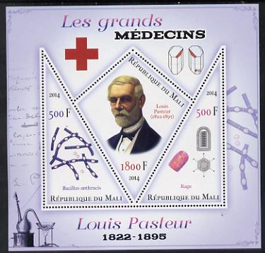 Mali 2014 Great Men of Medicine - Louis Pasteur perf sheetlet containing 3 values - one diamond shaped & two triangular values unmounted mint