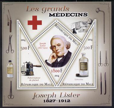 Mali 2014 Great Men of Medicine - Joseph Lister perf sheetlet containing 3 values - one diamond shaped & two triangular values unmounted mint