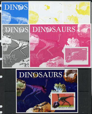 Somalia 2003 Dinosaurs & Minerals souvenir sheet - the set of 5 imperf progressive proofs comprising the 4 individual colours plus all 4-colour composite, unmounted mint