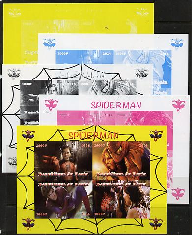 Benin 2014 Spiderman (Movie) sheetlet containing 4 values - the set of 5 imperf progressive proofs comprising the 4 individual colours plus all 4-colour composite, unmounted mint