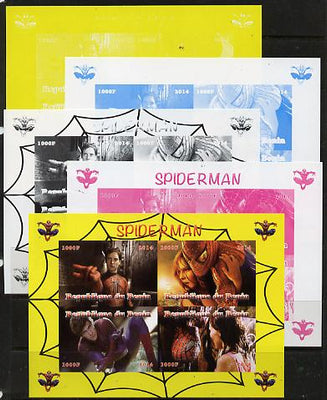 Benin 2014 Spiderman (Movie) sheetlet containing 4 values - the set of 5 imperf progressive proofs comprising the 4 individual colours plus all 4-colour composite, unmounted mint