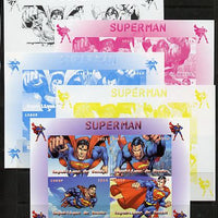 Benin 2014 Superman (Comic Strip) sheetlet containing 4 values - the set of 5 imperf progressive proofs comprising the 4 individual colours plus all 4-colour composite, unmounted mint