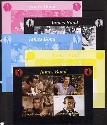 Benin 2014 James Bond sheetlet containing 4 values - the set of 5 imperf progressive proofs comprising the 4 individual colours plus all 4-colour composite, unmounted mint