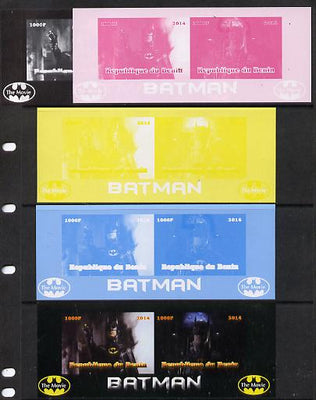 Benin 2014 Batman (Movie) isheetlet containing 2 values - the set of 5 imperf progressive proofs comprising the 4 individual colours plus all 4-colour composite, unmounted mint