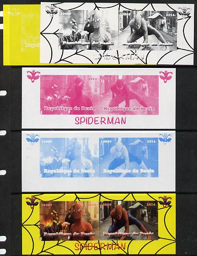 Benin 2014 Spiderman (Movie) sheetlet containing 2 values - the set of 5 imperf progressive proofs comprising the 4 individual colours plus all 4-colour composite, unmounted mint