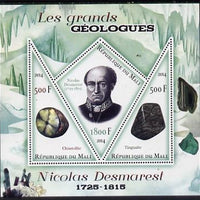 Mali 2014 Famous Gelogists & Minerals - Nicolas Desmarest perf sheetlet containing one diamond shaped & two triangular values unmounted mint