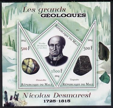 Mali 2014 Famous Gelogists & Minerals - Nicolas Desmarest perf sheetlet containing one diamond shaped & two triangular values unmounted mint