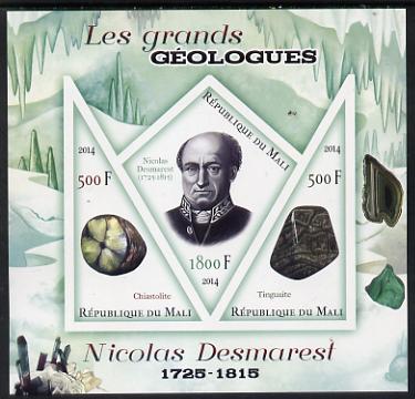 Mali 2014 Famous Gelogists & Minerals - Nicolas Desmarest imperf sheetlet containing one diamond shaped & two triangular values unmounted mint