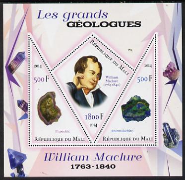 Mali 2014 Famous Gelogists & Minerals - William Maclure perf sheetlet containing one diamond shaped & two triangular values unmounted mint