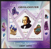 Mali 2014 Famous Gelogists & Minerals - Louis Agassiz perf sheetlet containing one diamond shaped & two triangular values unmounted mint