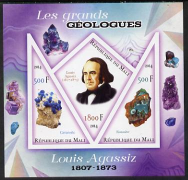 Mali 2014 Famous Gelogists & Minerals - Louis Agassiz imperf sheetlet containing one diamond shaped & two triangular values unmounted mint