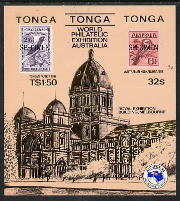 Tonga 1984 Ausipex Stamp Exhibition self-adhesive m/sheet opt'd SPECIMEN (Tongan Parrot stamp & Australian Kookaburra) unmounted mint, as SG MS 892