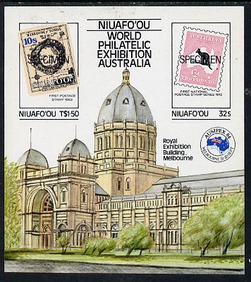 Tonga - Niuafo'ou 1984 Ausipex Stamp Exhibition self-adhesive m/sheet opt'd SPECIMEN (Tongan Map stamp & Australian Roo) unmounted mint, as SG MS 50