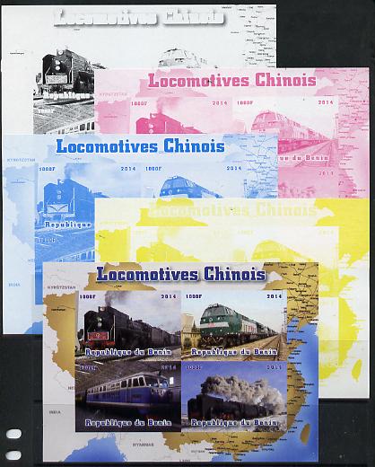 Benin 2014 Chinese Locomotives sheetlet containing 4 values - the set of 5 imperf progressive proofs comprising the 4 individual colours plus all 4-colour composite, unmounted mint
