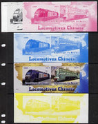 Benin 2014 Chinese Locomotives sheetlet containing 2 values - the set of 5 imperf progressive proofs comprising the 4 individual colours plus all 4-colour composite, unmounted mint