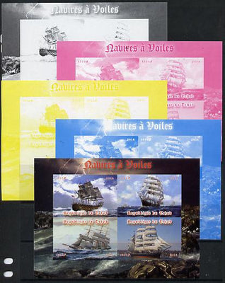 Chad 2014 Sailing Ships #2 sheetlet containing 4 values - the set of 5 imperf progressive proofs comprising the 4 individual colours plus all 4-colour composite, unmoun