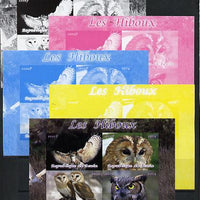 Benin 2014 Owls sheetlet containing 4 values - the set of 5 imperf progressive proofs comprising the 4 individual colours plus all 4-colour composite, unmoun