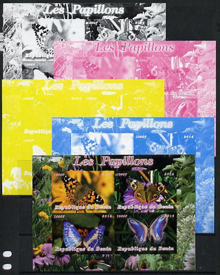 Benin 2014 Butterflies sheetlet containing 4 values - the set of 5 imperf progressive proofs comprising the 4 individual colours plus all 4-colour composite, unmoun