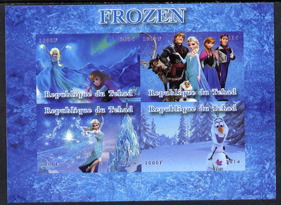 Chad 2014 Walt Disney's Frozen #2 imerf sheetlet containing 4 values unmounted mint. Note this item is privately produced and is offered purely on its thematic appeal. .