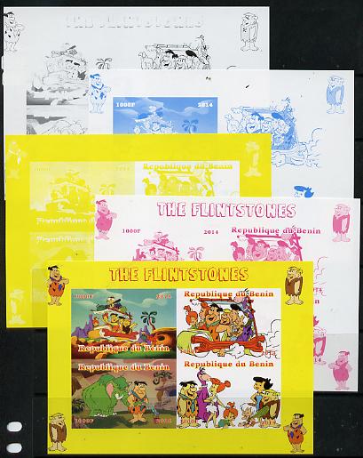Benin 2014 The Flintstones sheetlet containing 4 values - the set of 5 imperf progressive proofs comprising the 4 individual colours plus all 4-colour composite, unmounted mint
