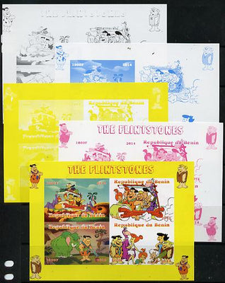 Benin 2014 The Flintstones sheetlet containing 4 values - the set of 5 imperf progressive proofs comprising the 4 individual colours plus all 4-colour composite, unmounted mint