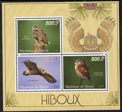 Djibouti 2014 Owls perf sheetlet containing 3 values unmounted mint