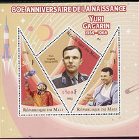Mali 2014 80th Birth Anniversary of Yuri Gagarin perf sheetlet containing 3 values (one diamond & two triangular shaped)unmounted mint