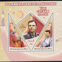 Mali 2014 80th Birth Anniversary of Yuri Gagarin perf sheetlet containing 3 values (one diamond & two triangular shaped)unmounted mint