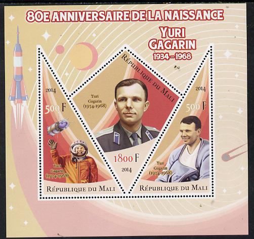 Mali 2014 80th Birth Anniversary of Yuri Gagarin perf sheetlet containing 3 values (one diamond & two triangular shaped)unmounted mint