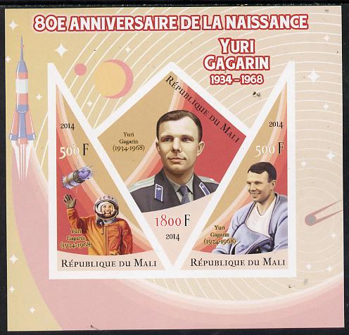 Mali 2014 80th Birth Anniversary of Yuri Gagarin imperf sheetlet containing 3 values (one diamond & two triangular shaped)unmounted mint