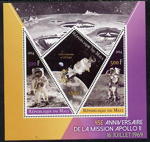 Mali 2014 45th Anniversary of Moon Landing perf sheetlet containing 3 values (one diamond & two triangular shaped)unmounted mint