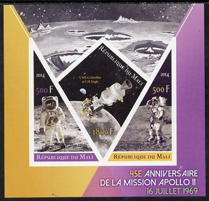 Mali 2014 45th Anniversary of Moon Landing imperf sheetlet containing 3 values (one diamond & two triangular shaped)unmounted mint