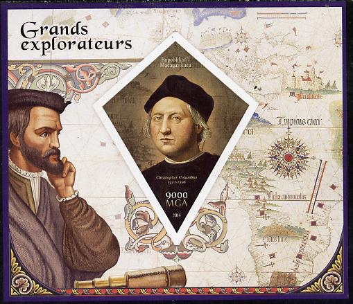 Madagascar 2014 Great Explorers imperf deluxe sheet containing one diamond shaped value unmounted mint