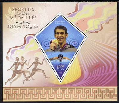 Madagascar 2014 Most Decorated Olympians perf deluxe sheet containing one diamond shaped value unmounted mint