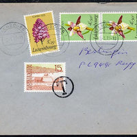 Luxembourg 1977 cover bearing 1975 Welfare Fund 3f Orchid & 2 x 4f Helleborine with Liechtenstein 15r used as postage due and cancelled 'T' in circle