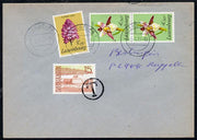 Luxembourg 1977 cover bearing 1975 Welfare Fund 3f Orchid & 2 x 4f Helleborine with Liechtenstein 15r used as postage due and cancelled 'T' in circle