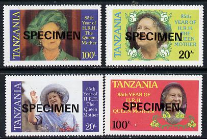 Tanzania 1985 Life & Times of HM Queen Mother perf set of 4 unmounted mint each inscribed in error 'HRH the Queen Mother' opt'd SPECIMEN*