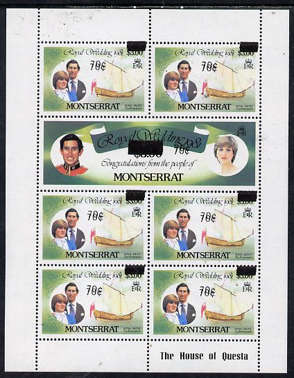 Montserrat 1983 Surcharged 70c on £3 Royal Wedding sheetlet with surcharges doubled unmounted mint SG 582c x 6 & 583b